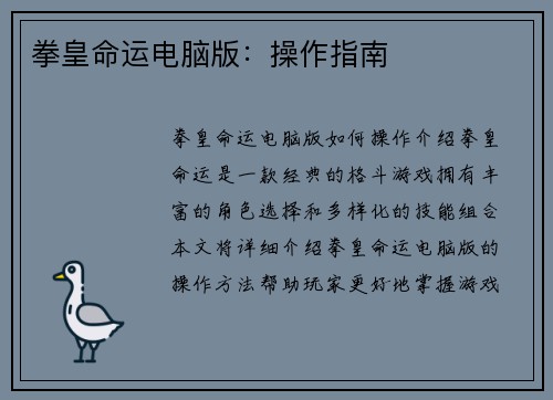 拳皇命运电脑版：操作指南